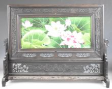 Chinese double sided embroidery of flowers, in swivel frame and on stand, W50 x H29cm