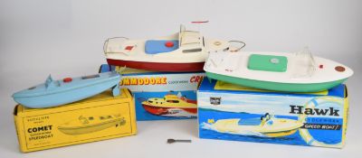 Three Sutcliffe Models tinplate clockwork speedboats comprising Hawk, Comet and Commodore, all in