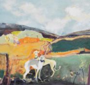 Christine Woodside (Scottish born 1946) mixed media summer fields, landscape with two dogs to