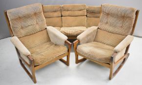 Mid century modern teak Scandi / G Plan sofa, armchair and rocking chair, largest W177 x D82 x