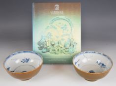 Pair of 18thC Chinese Batavian pedestal bowls interior decorated with peony spray and landscape