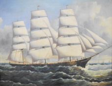 AW or AH Pitt or Pitts oil on canvas of three masted sailing ship in a rough sea, signed lower left,