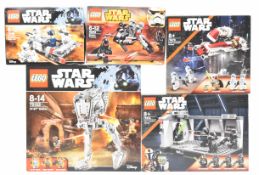 Five Lego Star Wars sets comprising Dark Trooper Attack 75324, AT-ST Walker 75153, First Order