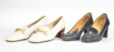 Two pairs of vintage Gucci heeled shoes with metal adornments, both size 37