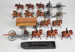 Three Britains painted metal Royal Horse Artillery teams with riders, guns and limbers, together