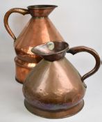 Two copper four gallon measuring jugs, one L. Lumley, America Square, London, the other with