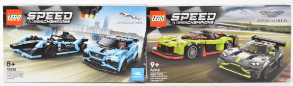 Two Lego Speed Champions Jaguar and Aston Martin racing car sets comprising 76898 and 76910, in
