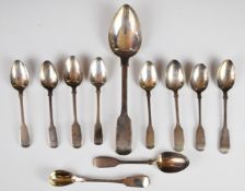 Georgian and later fiddle pattern cutlery comprising table spoon, nine teaspoons and a condiment