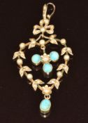 Edwardian 9ct gold pendant set with turquoise cabochons and seed pearls, 2.8g, 5cm