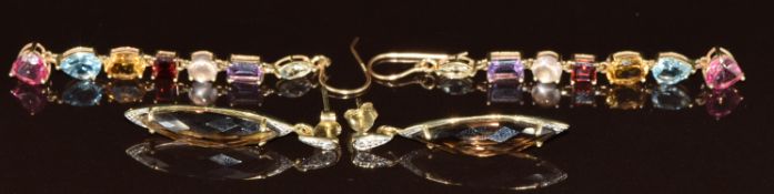 A pair of 9ct gold earrings each set with an amethyst, moonstone, garnet, citrine, blue topaz,