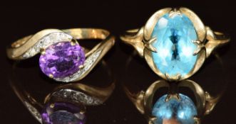 Two 9k gold rings, one set with topaz and the other an amethyst and diamonds, 6.3g, size T/U
