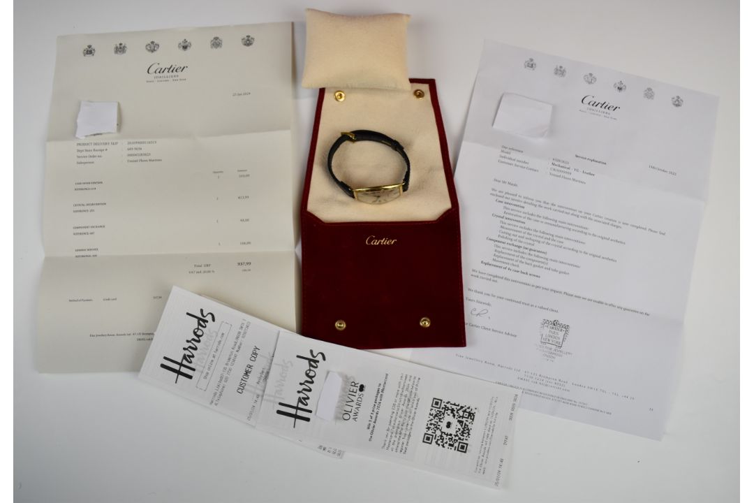 Cartier Tonneau 18ct gold gentleman's wristwatch with blued Breguet hands, silver dial, sapphire set - Image 14 of 14