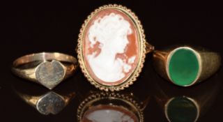 A 9ct gold ring set with a cameo, 9ct gold signet ring set with green agate and a 9ct gold signet