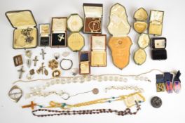 A collection of jewellery and jewellery boxes including silver christening bangle, silver cufflinks,