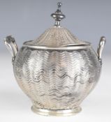 Turkish silver covered twin handled pot with basket weave style decoration, pre 1923 Turkish