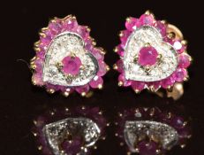 A pair of 9ct gold earrings set with rubies and diamonds a heart shaped cluster, 1.8g