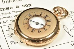 Record 9ct gold keyless winding half hunter pocket watch with subsidiary seconds dial, blued