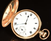 Unnamed 9ct gold keyless winding full hunter pocket watch with subsidiary seconds dial, blued hands,