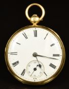 Unnamed 18ct gold open faced pocket watch with inset subsidiary seconds dial, blued hands, black