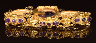 Victorian yellow metal bracelet set with amethysts, 11.5g, 15cm