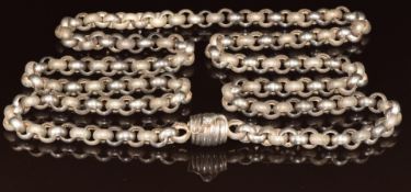 A large Victorian silver necklace made up of alternating textured and plain links, with unusual
