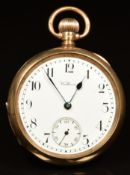 Waltham 9ct gold keyless winding open faced pocket watch with inset subsidiary seconds dial, blued