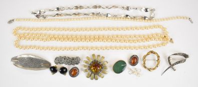 A collection of jewellery including silver and marcasite brooch, silver necklace (68g), pair of