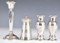 Hallmarked silver pepper or salt grinder, hallmarked silver candlestick and a pair of weighted