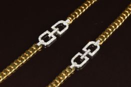 An 18k gold curb link necklace set with two white gold buckle sections with pavé set diamonds, 104g,