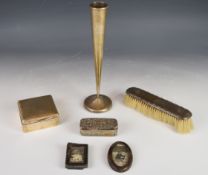 Hallmarked silver mounted items comprising trumpet vase, height 26.5cm, cigarette box, brush,