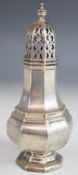Walker & Hall George V hallmarked silver sugar caster of octagonal baluster form, Sheffield 1919,