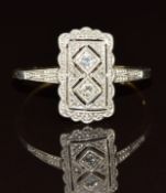 Art Deco 14k gold ring set with four diamonds in a rectangular platinum setting, 2.1g, size Q