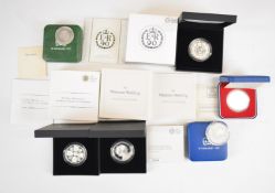 Six Royal Mint proof silver £5 and crown coins comprising one 1972 and two 1977 crowns, 2014 first
