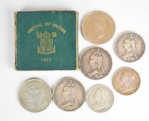 Victorian and later coinage comprising 1887, 1891, 1937 and 1951 crowns, 1899 and 1900 half crowns