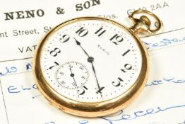 Elgin 14ct gold keyless winding open faced pocket watch with inset subsidiary seconds dial, blued