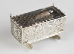 Dutch novelty miniature silver baby in a crib, having hinged lid, with Dutch silver marks to base,
