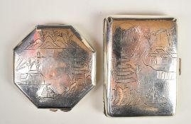 Chinese or Japanese silver cigarette case with engraved decoration of buildings and a boat, marked