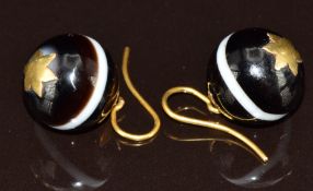 A pair of Victorian banded agate earrings, each bead approximately 15mm, 10.5g