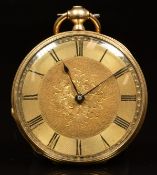 Continental 14ct gold open faced pocket watch with blued hands, black Roman numerals, engraved