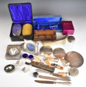 Hallmarked and other silver mounted items to include nickel goliath watch in holder, pair of