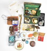 A collection of costume jewellery including Stratton compact, Victorian yellow metal earrings,