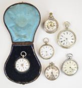 Six various open faced pocket watches comprising five silver / white metal examples, one in fitted