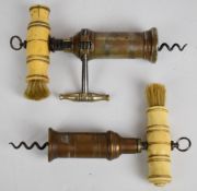 Two Victorian corkscrews with suspension loops, bone handles and brushes, one with side winding
