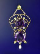 Suffragette silver gilt pendant set with oval cut and emerald cut amethysts of approximately