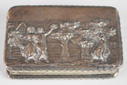 Elizabeth II hallmarked silver snuff box with embossed decoration of dancing figures in an orchard