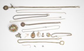 A collection of silver jewellery including Albert / watch chain, curb link chain, bracelet,
