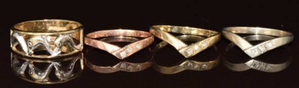 Four 9ct gold rings, three set with diamonds and matching but in different coloured gold, 4.6g, size