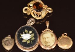 A c1900 pendant/ locket set with pietra dura and verso a locket compartment, two Victorian