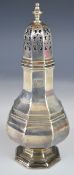 Art Deco hallmarked silver sugar caster of octagonal baluster form, Sheffield 1934, maker Cooper