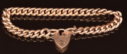 A 9ct gold rose curb link bracelet with heart padlock clasp, 12.7g, 19cm